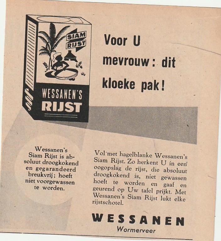 Retro reclame 1951 Wessanen Wormerveer koek pak rijst, Verzamelen, Verzenden, Overige typen