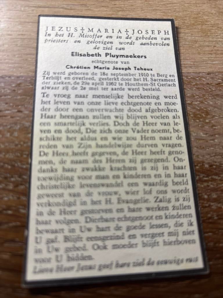 Pluymaekers Elisabeth berg en Terblijt 1962 Houthem x Teheux, Verzamelen, Ophalen of Verzenden, Bidprentje