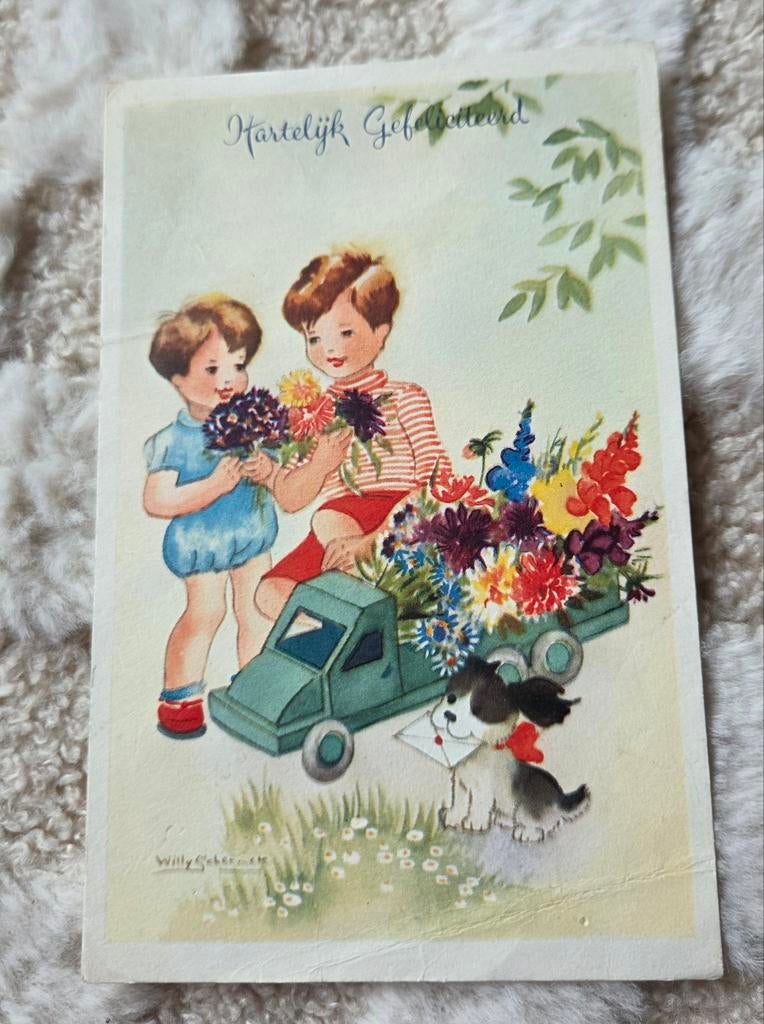 Kinderen spelen met vrachtwagentje bloemen, hondje zit erbij, Verzenden, 1940 tot 1960, Ongelopen, Kinderen