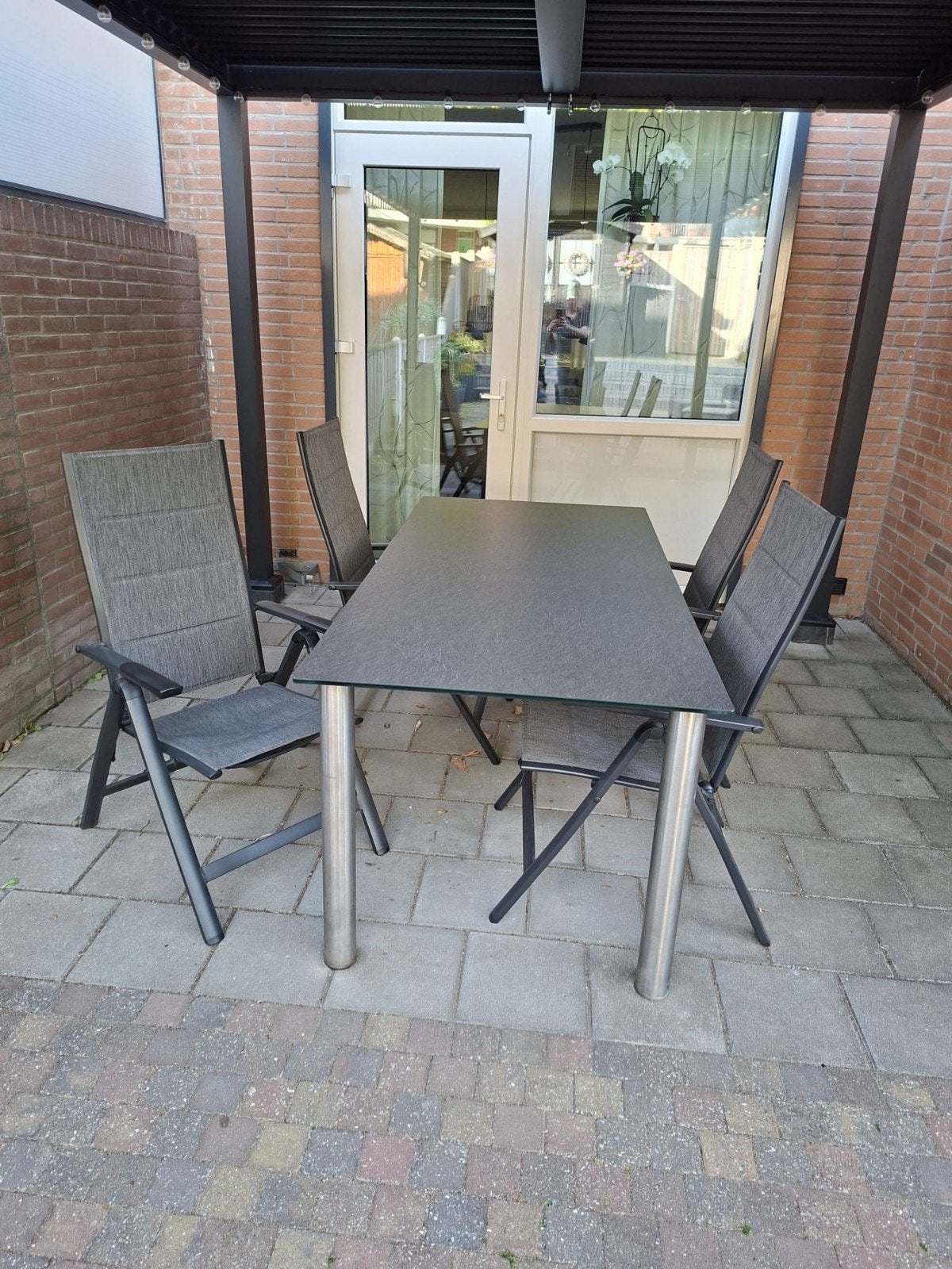 Tuinset: Rechthoekige tafel met 4 stoelen, Tuin en Terras, Ophalen, Zo goed als nieuw, Rechthoekig, Metaal