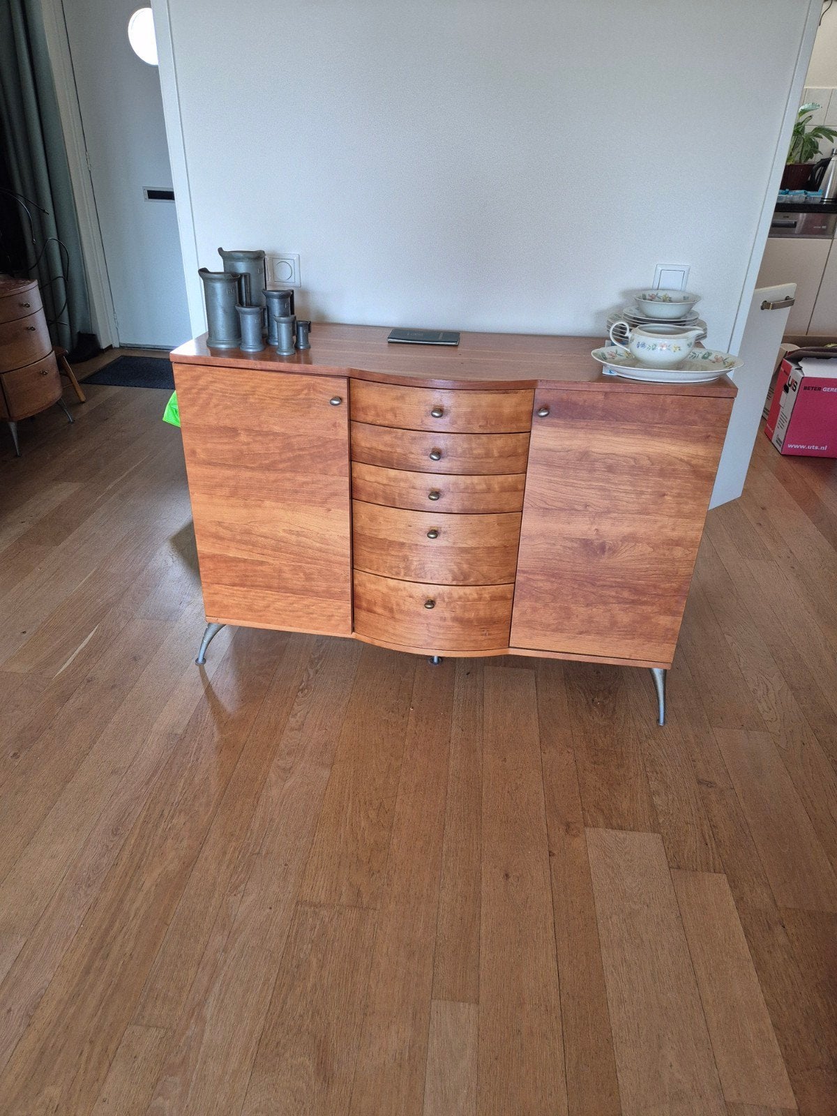 Set van kersenhouten salontafel, dressoir en kastje, Glas, Gebruikt, Minder dan 50 cm, Rechthoekig