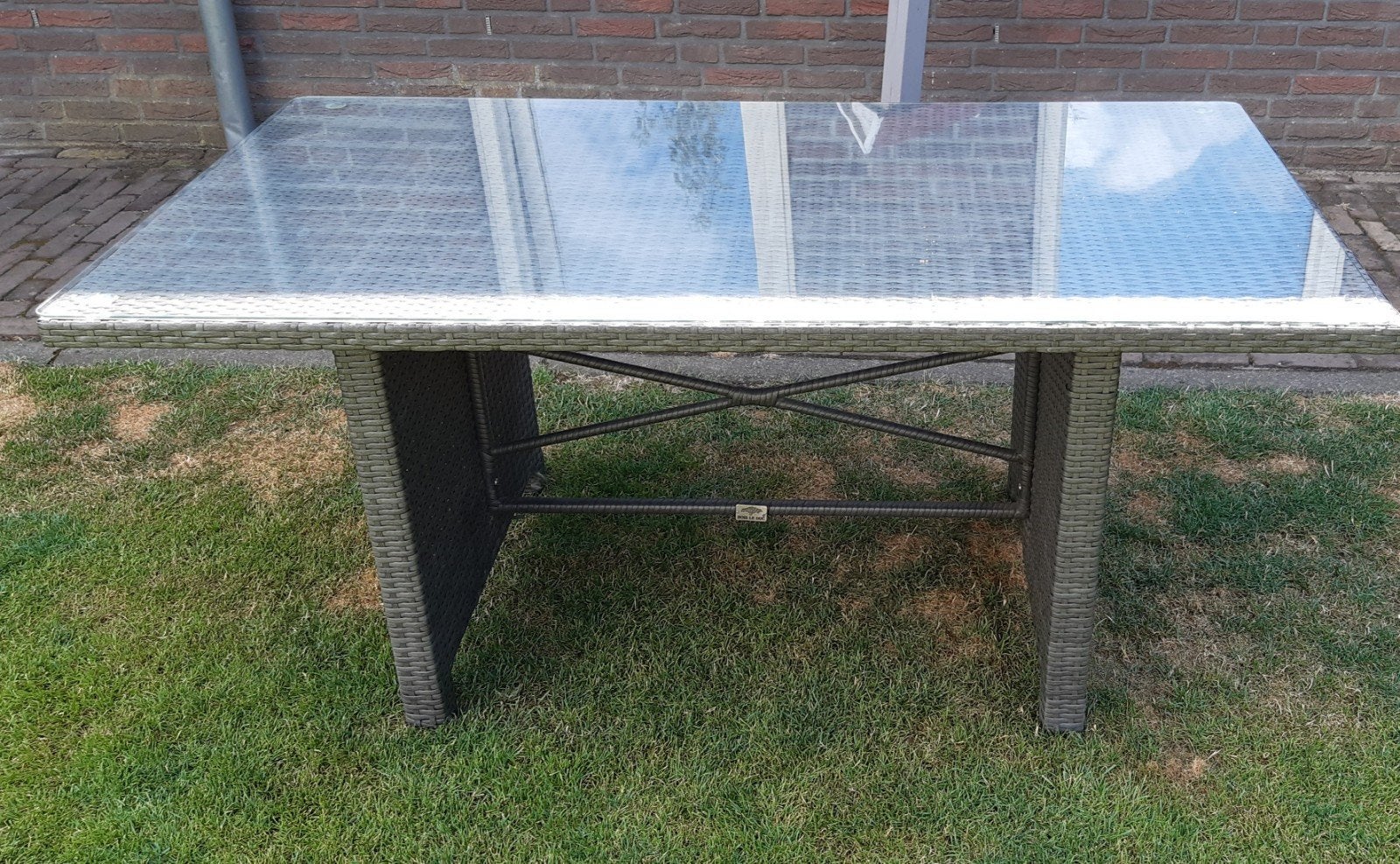 Wicker tuintafel met glazen blad, Ophalen, Gebruikt, Rechthoekig, Wicker