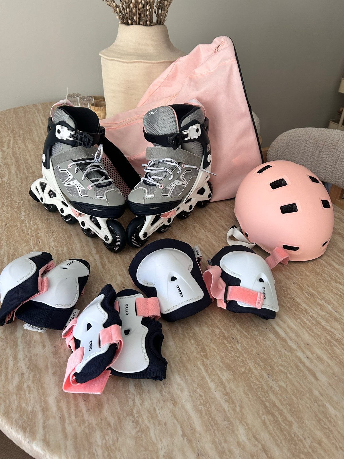 Complete Oxelo rolschaats set met bescherming en helm + tas, Ophalen, Verstelbaar, Gebruikt, Kinderen