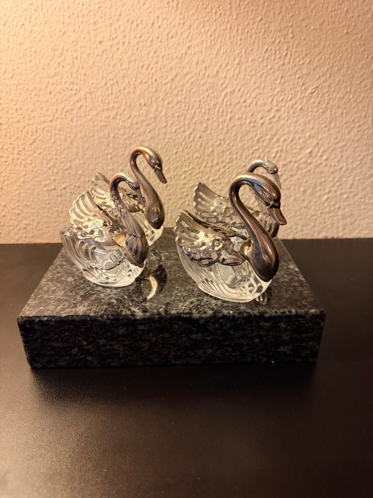 Mooie glazen met metaal zilverkleurige vogels, Antiek en Kunst, Ophalen