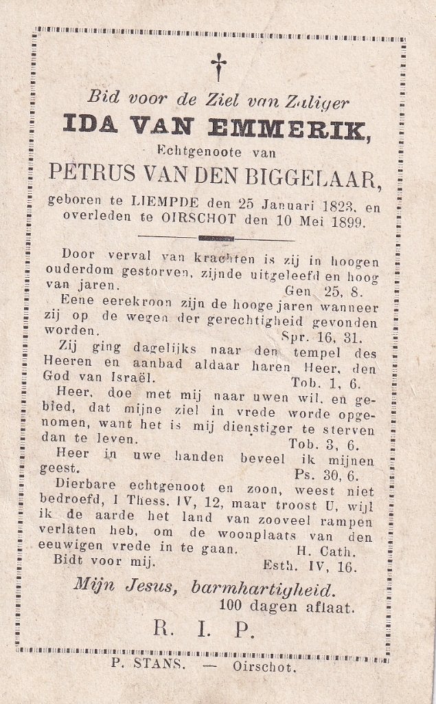 Emmerik Ida 1823 Liempde 1899 Oirschot, Ophalen of Verzenden, Bidprentje