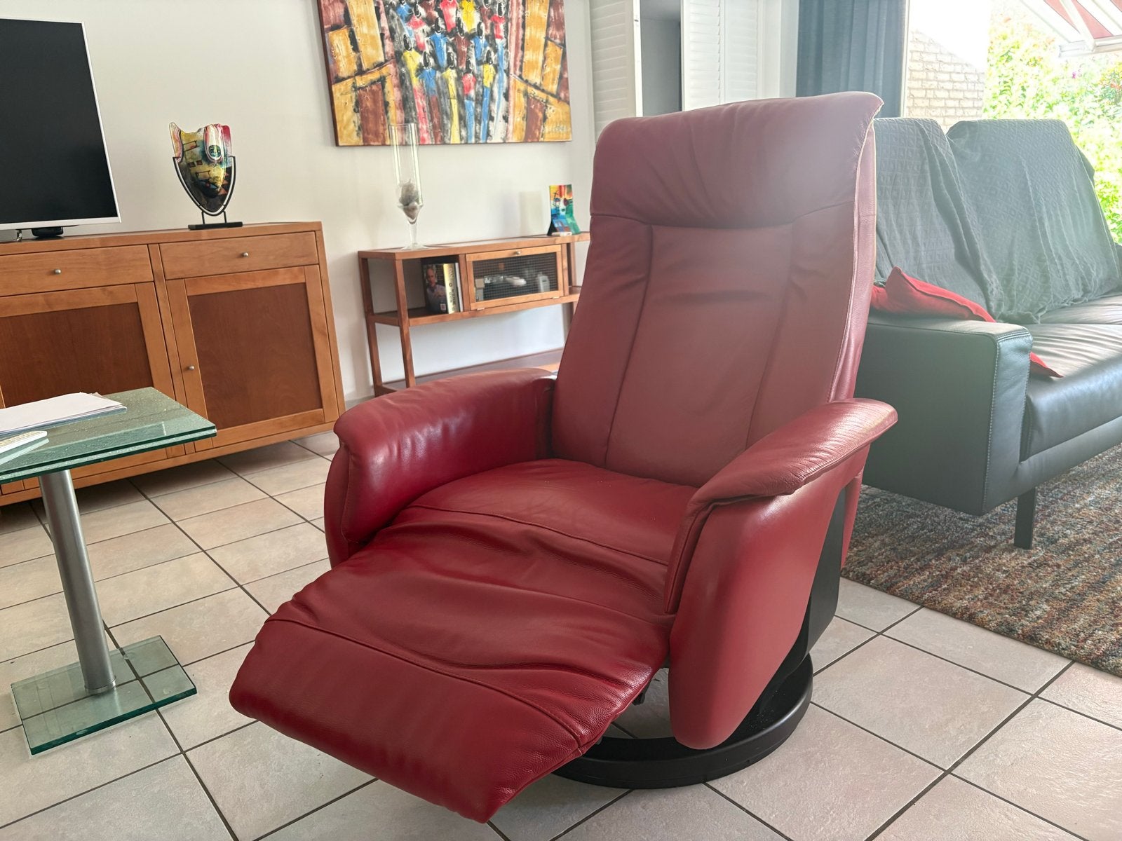 Comfortabele rode leren relaxfauteuil, Ophalen, Gebruikt, Leer, 75 tot 100 cm