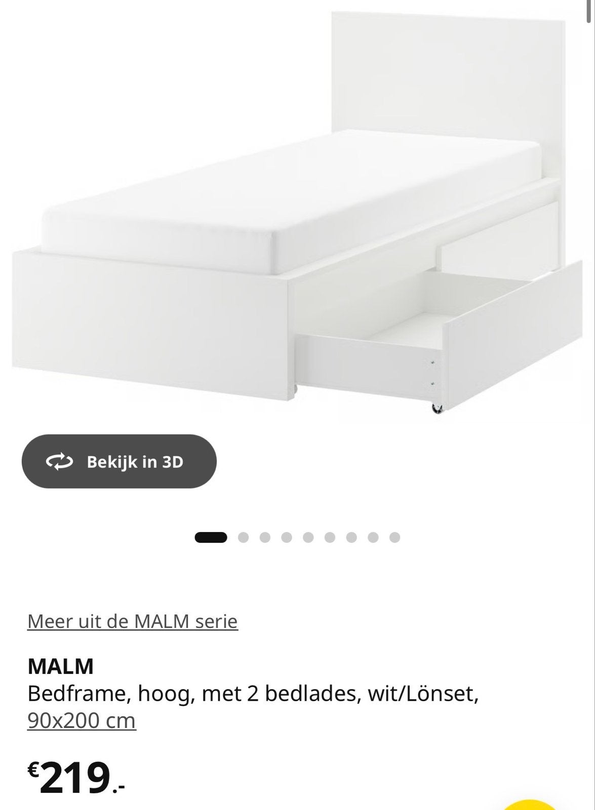 IKEA MALM Bedframe wit met 2 lades, 90x200 cm, Ophalen, 90 cm, Eenpersoons, Wit