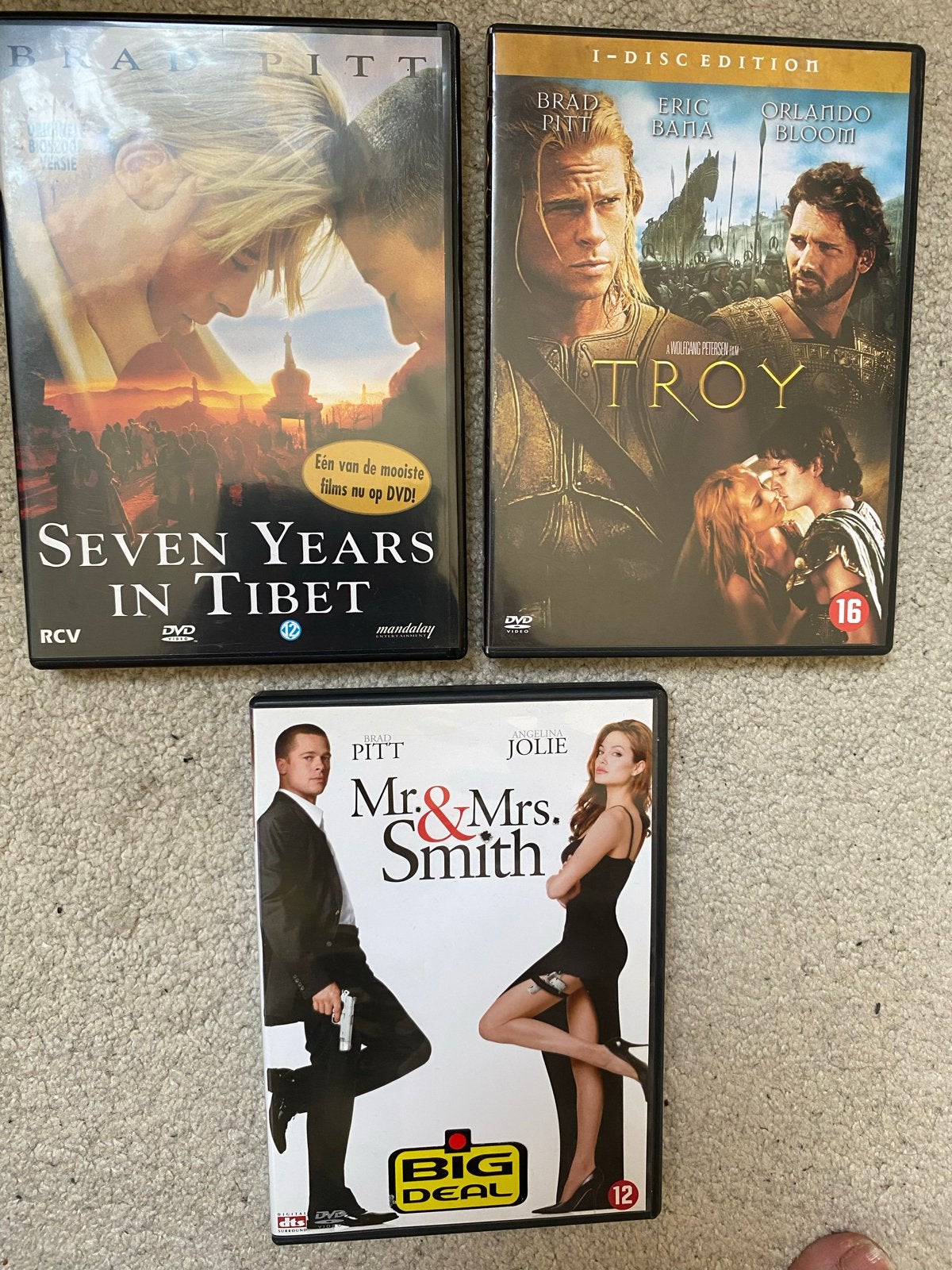 DVD brad pitt Seven Years in Tibet, Troy, Mr. & Mrs. Smith, Engels, Vanaf 16 jaar, Nederlands, Actiethriller