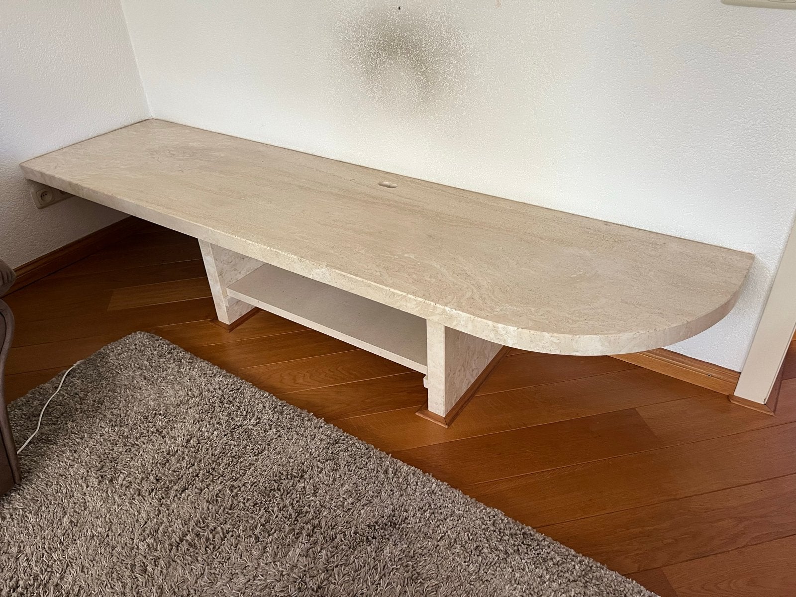 Travertin Tafel 220cm met plank en kabelgat, Ophalen, Overige materialen, Gebruikt, 200 cm of meer