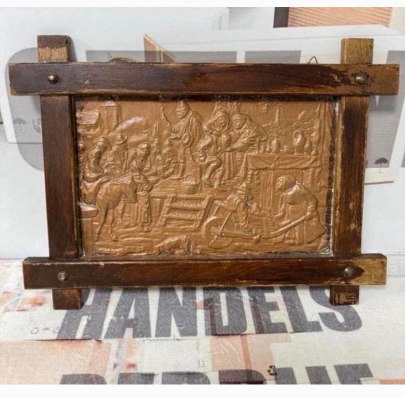 Antiek 1920-1930 ingelijst koperen reliëf kunst boerderij, Antiek en Kunst, Ophalen of Verzenden