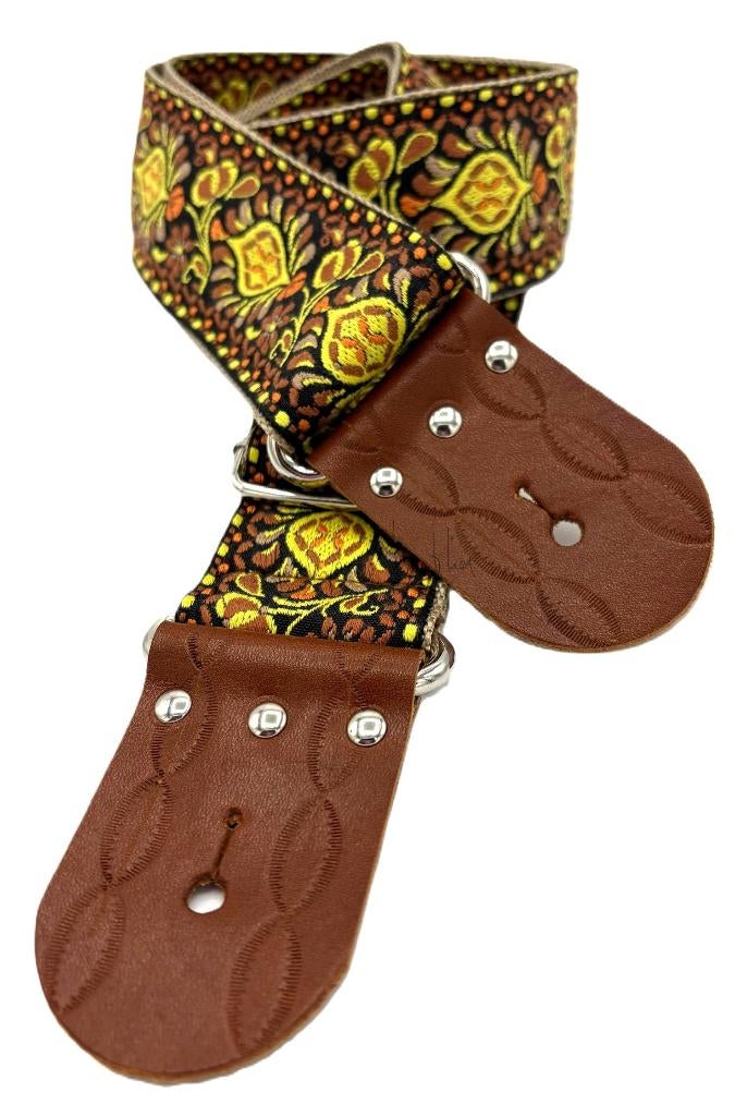 Gitaarband leer Stof002 Bruin geel beige Vintage 60-158cm, Verzenden, Nieuw, Akoestische gitaar