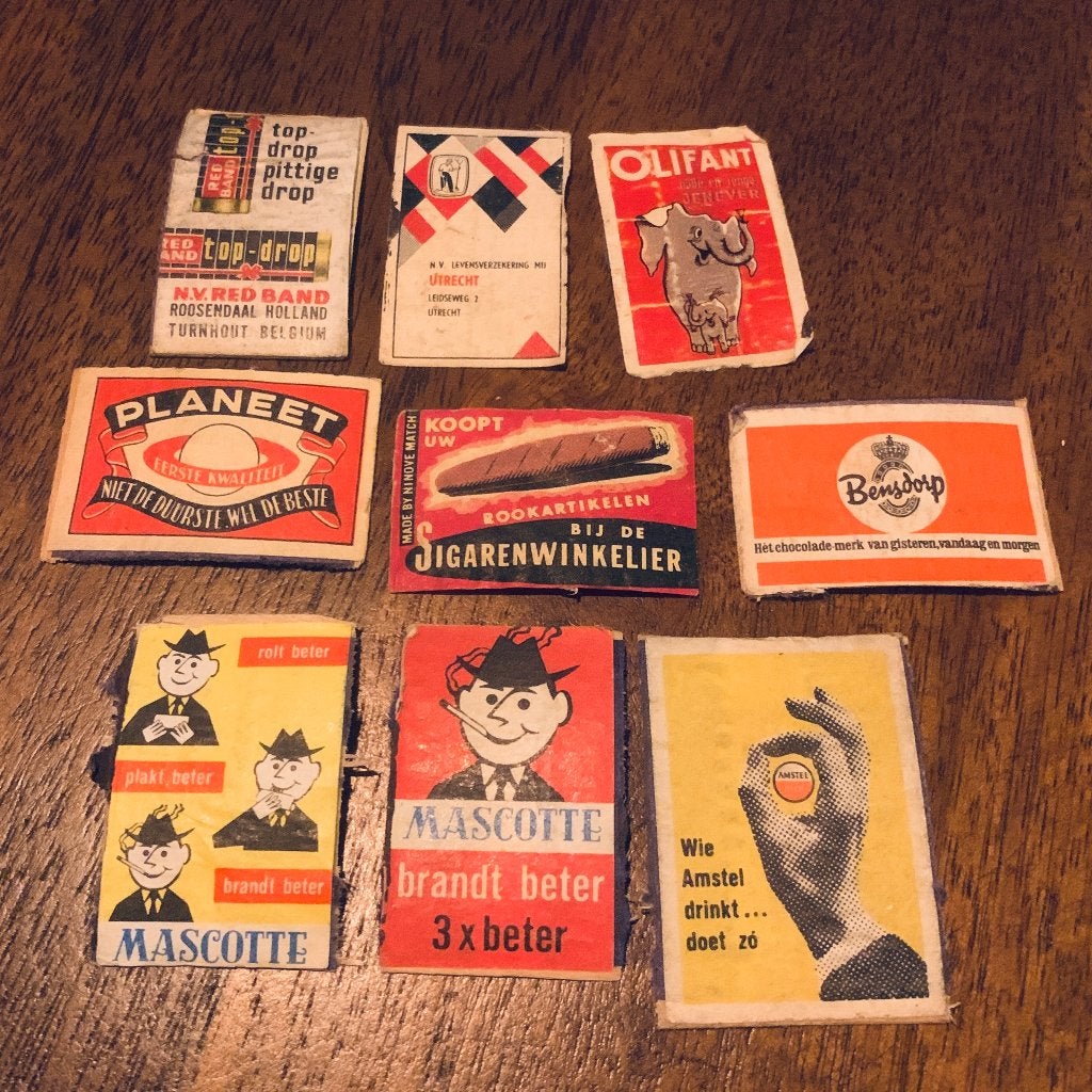 9 Vintage reclame lucifermerken luciferdoosjes plaatjes, Ophalen of Verzenden, Gebruikt, Luciferdoosjes of -merken