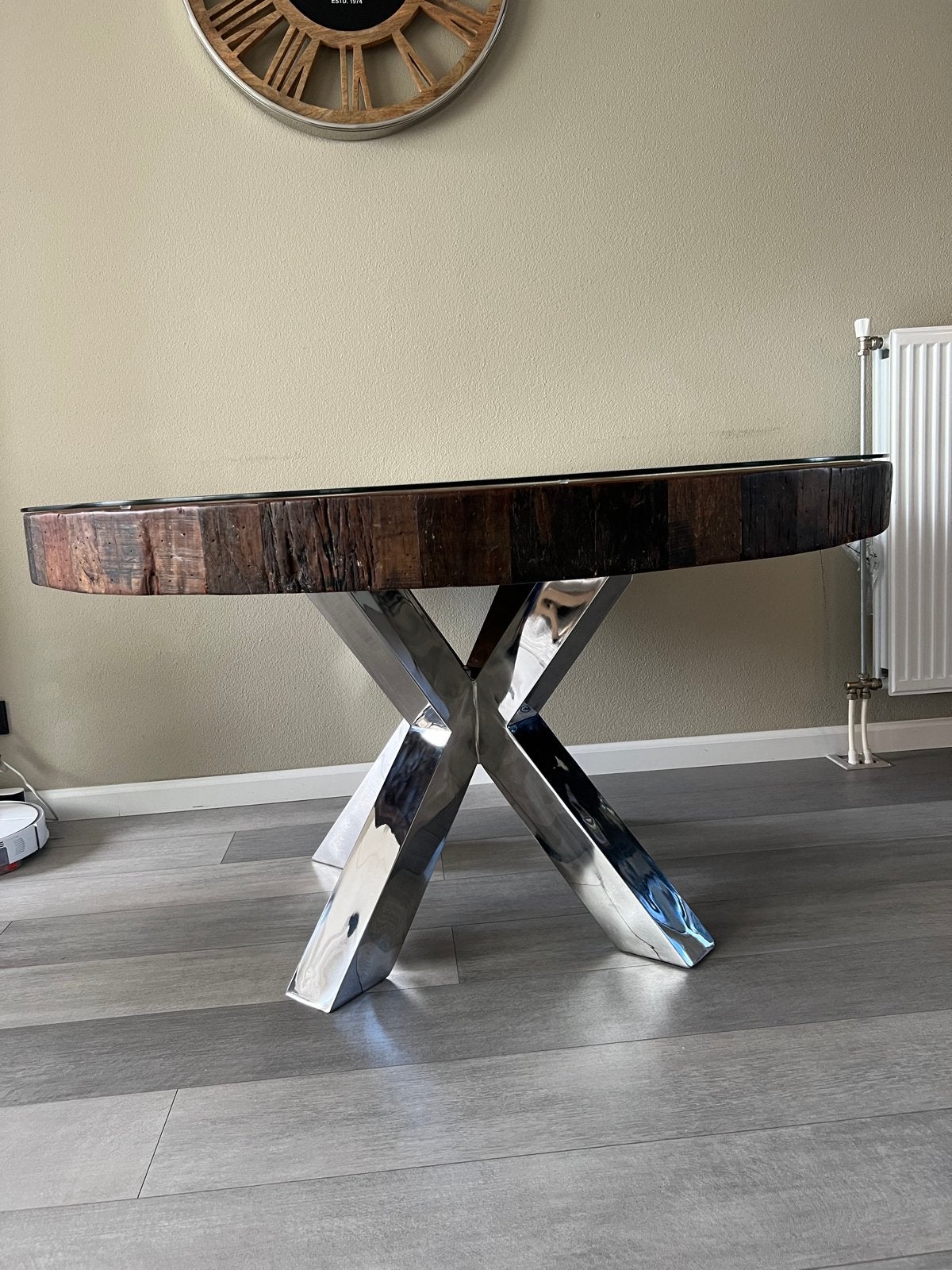 Eetkamertafel Bodhi rond 140 cm met glazen plaat, Huis en Inrichting, Ophalen, Gebruikt, 100 tot 150 cm, Rond
