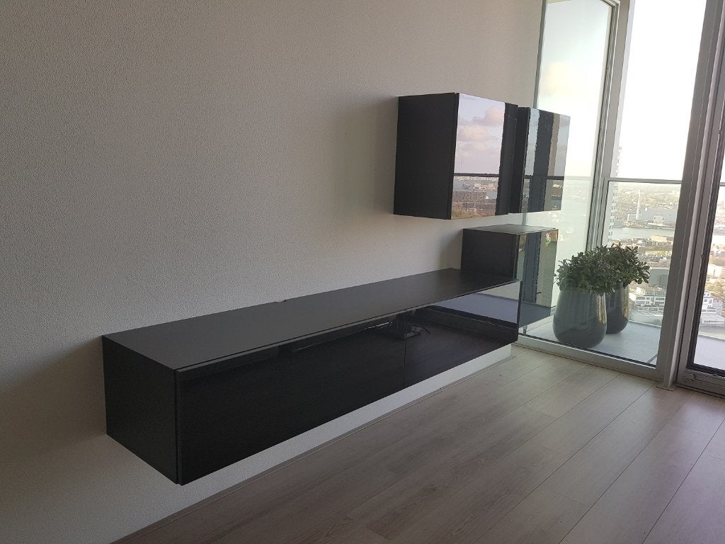 VOORRAAD Compleet zwevend tv-wandmeubel Mat/ Hoogglans zwart, Huis en Inrichting, Ophalen of Verzenden, Nieuw