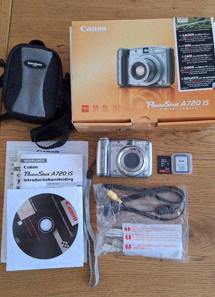 Canon Powershot A720 IS met SD-card en Samsonite tasje, 8 megapixels, Canon, Geheugenkaart, Ophalen of Verzenden