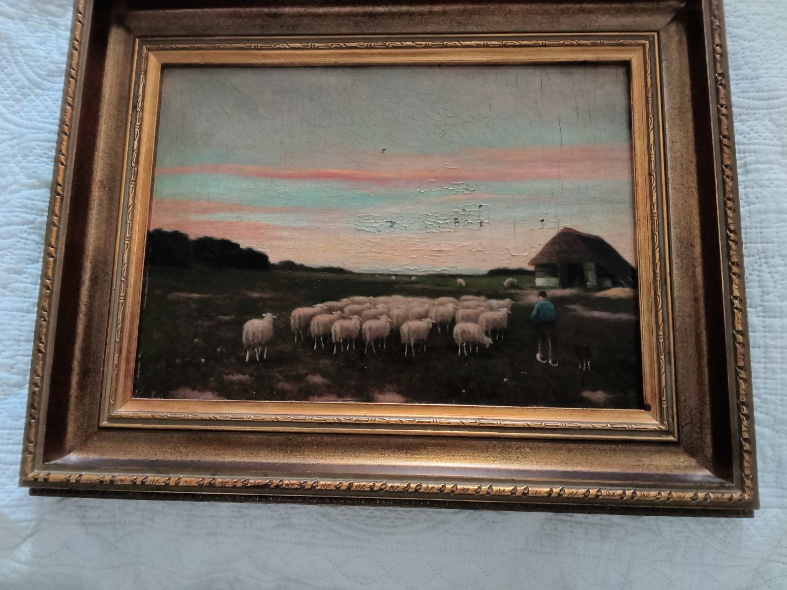Oud schilderij: Herder met schapen op de heide, 45x35cm, Ophalen of Verzenden