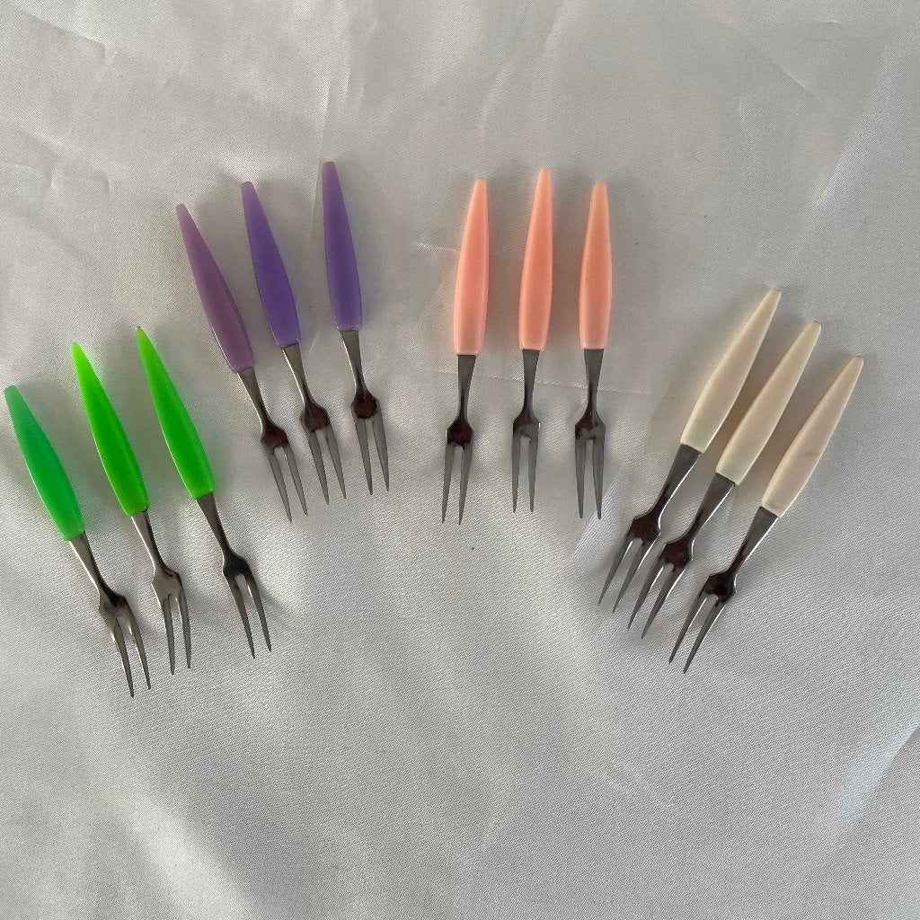 Vintage 12 x gebakvorkjes, Ophalen of Verzenden, Gebruikt, Rvs of Chroom, Gebaksvork