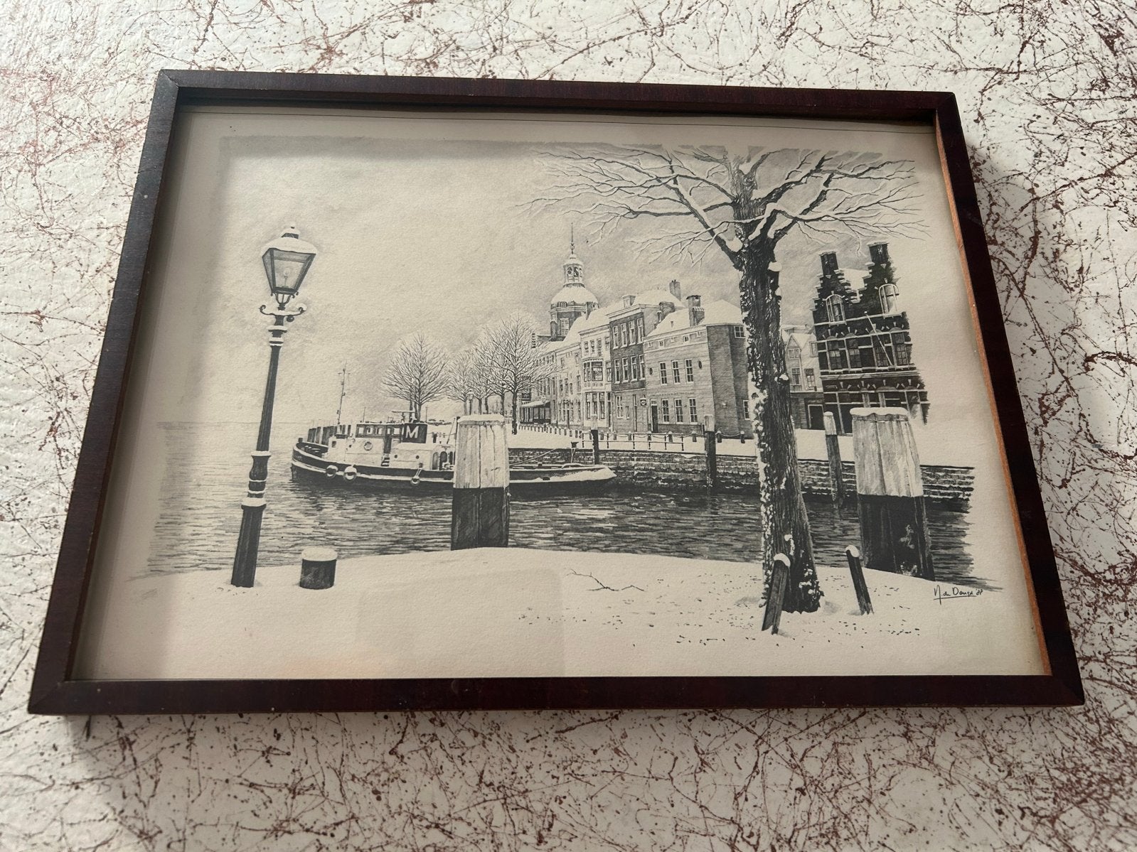 Ingelijste pentekening van N. de Deus, gesigneerd '88, Ophalen of Verzenden, Tekening, Pentekening, Gesigneerd