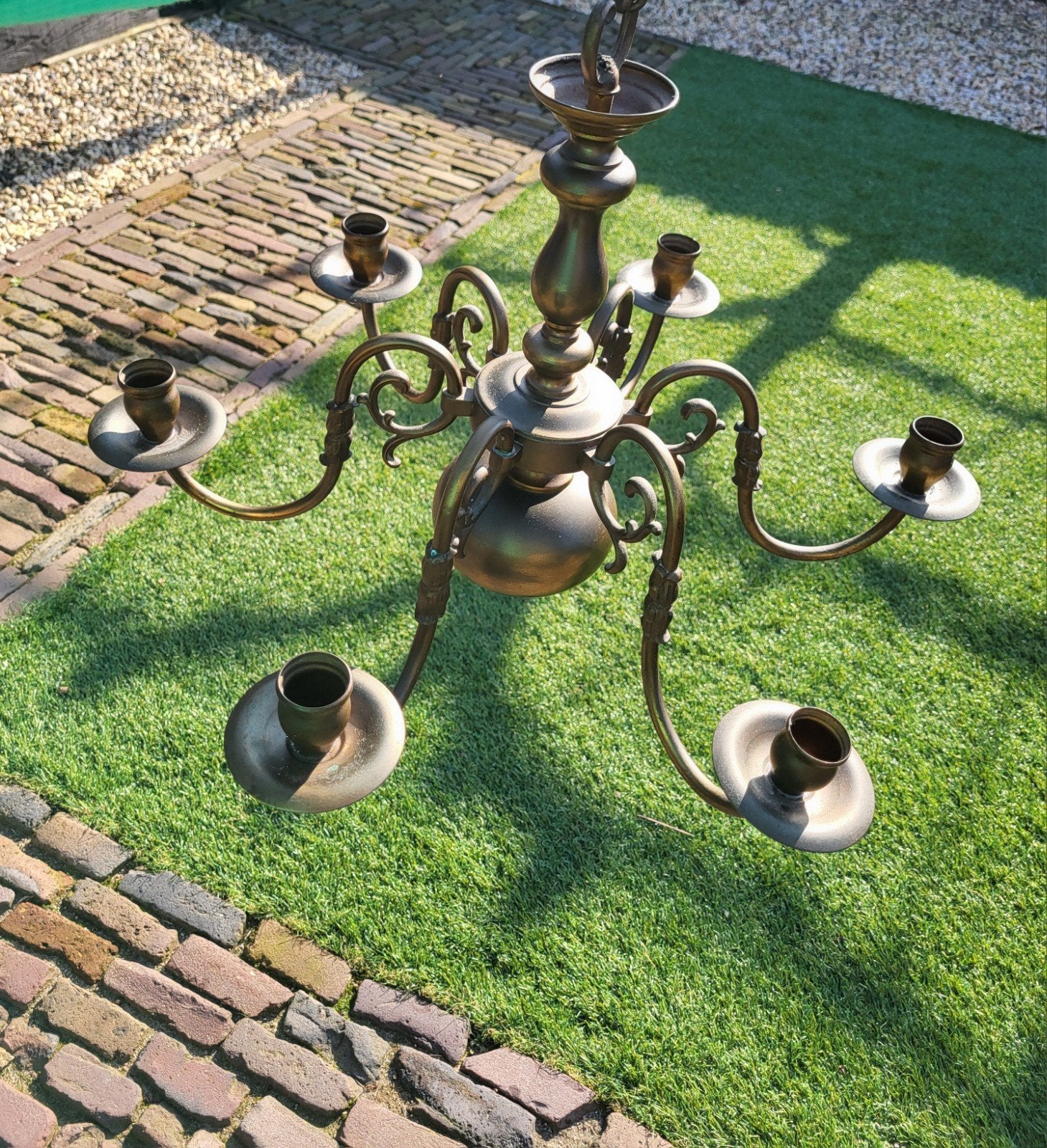 Antieke bronzen kroonluchter met 6 armen, Ophalen of Verzenden