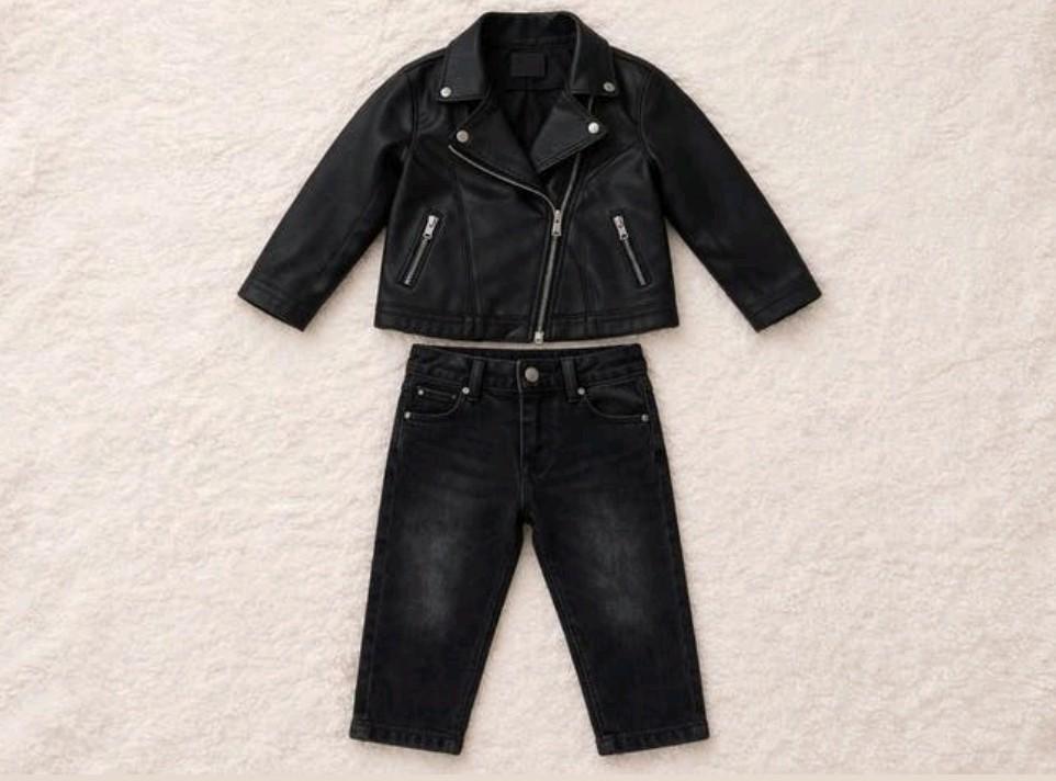 *NIEUW* Super stoer setje; leren bikerjack + jeans, maat 74., Kinderen en Baby's, Babykleding | Maat 74, Nieuw, Zara, Jasje, Verzenden