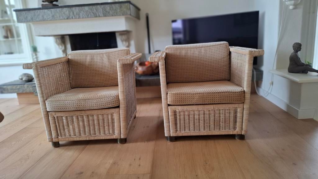 Set van 2 rotan fauteuils met kussens, Huis en Inrichting, Fauteuils, Gebruikt, Bohemian, Klassiek, 75 tot 100 cm, 50 tot 75 cm