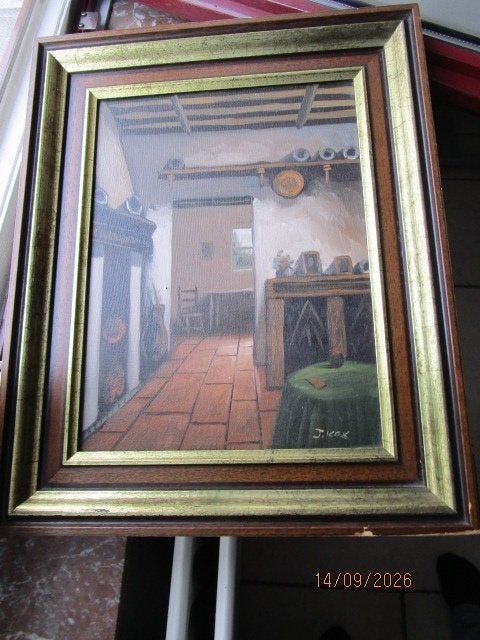 Schilderij olieverf op doek 53 x 43cm door J. Kok, Doek, Ophalen of Verzenden, Olieverf, Klassiek