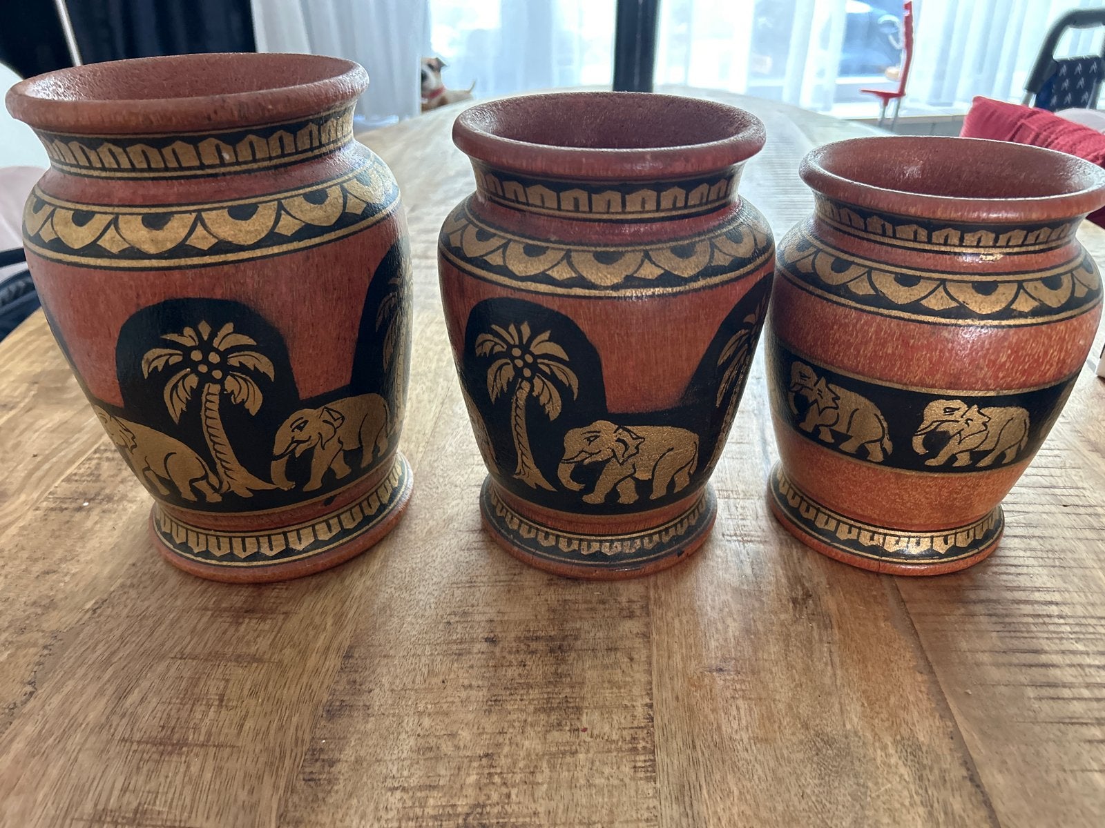 Set van 3 handgeschilderde houten vazen met olifanten, Ophalen of Verzenden