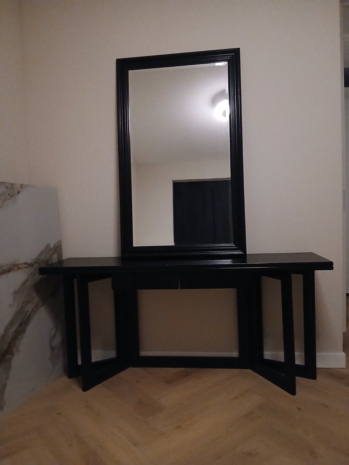 Uitklapbare tafel / sidetable - Zwart, Ophalen, Gebruikt, Eikenhout, 150 tot 200 cm