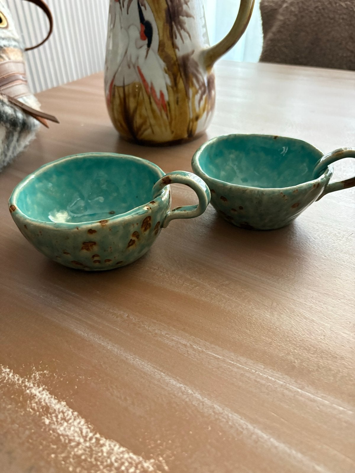 Unieke Keramische Kopjes - Turquoise/Zeegroen Glazuur, Antiek en Kunst, Ophalen of Verzenden
