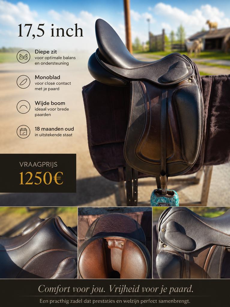 Super mooi dressuurzadel 17,5 inch voor brede korte paarden, Dieren en Toebehoren, Ophalen of Verzenden, Zo goed als nieuw, Dressuur