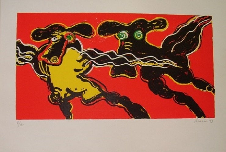 Peter Diem - "Flying Cows Red", Gesigneerd, Ophalen of Verzenden, Zeefdruk