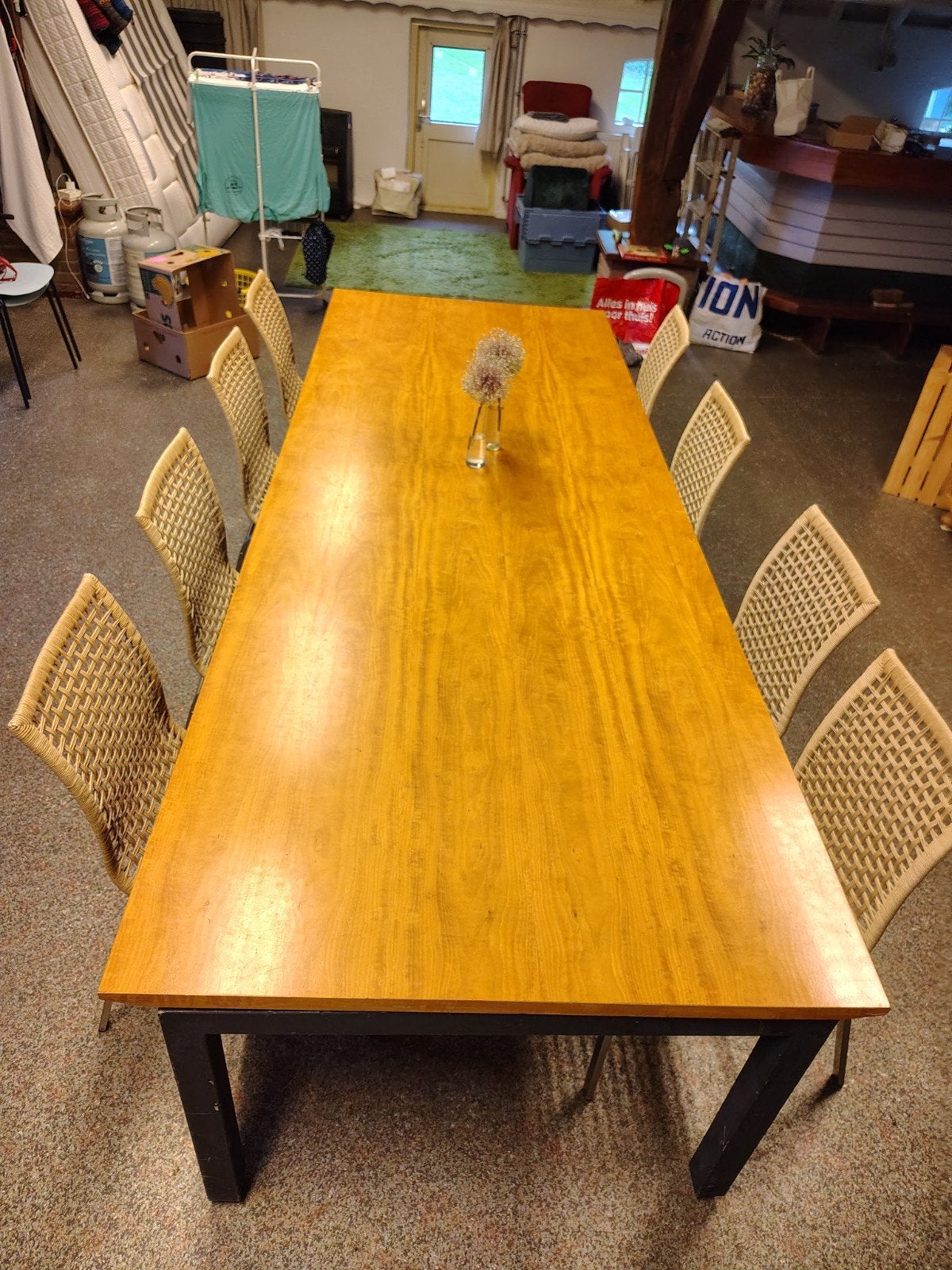 Grote eettafel met houten blad en metalen onderstel, Gebruikt, 100 tot 150 cm, Modern, Industrieel, 200 cm of meer