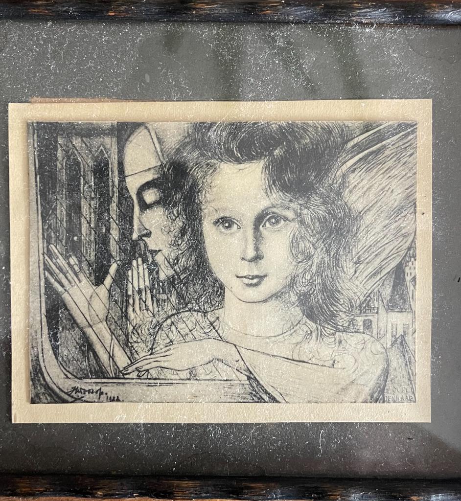 Ingelijste tekening van een meisje en een figuur, Antiek en Kunst, Kunst | Tekeningen en Foto's, Ophalen of Verzenden