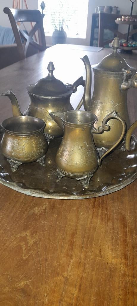 Koperen koffie/thee set 4-delig met schaal, Antiek en Kunst, Ophalen of Verzenden, Koper