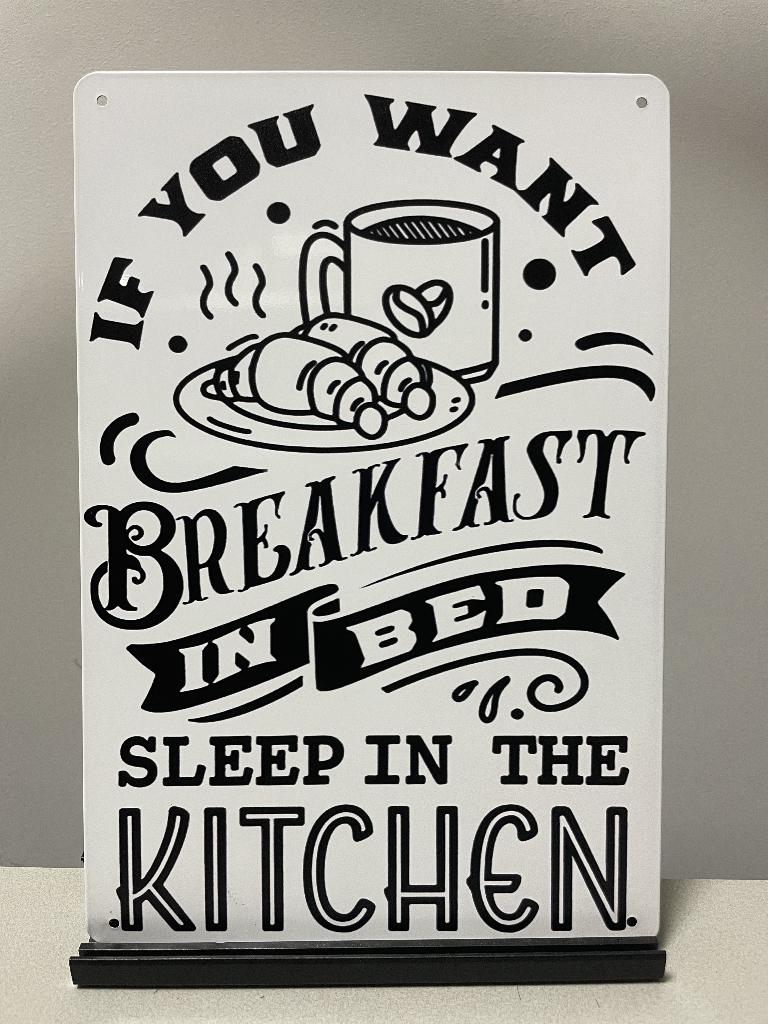Breakfast in bed metalen tekstbord, Ophalen of Verzenden, Www.pand50.nl, Info@pand50.nl, Printer 29B Coevorden