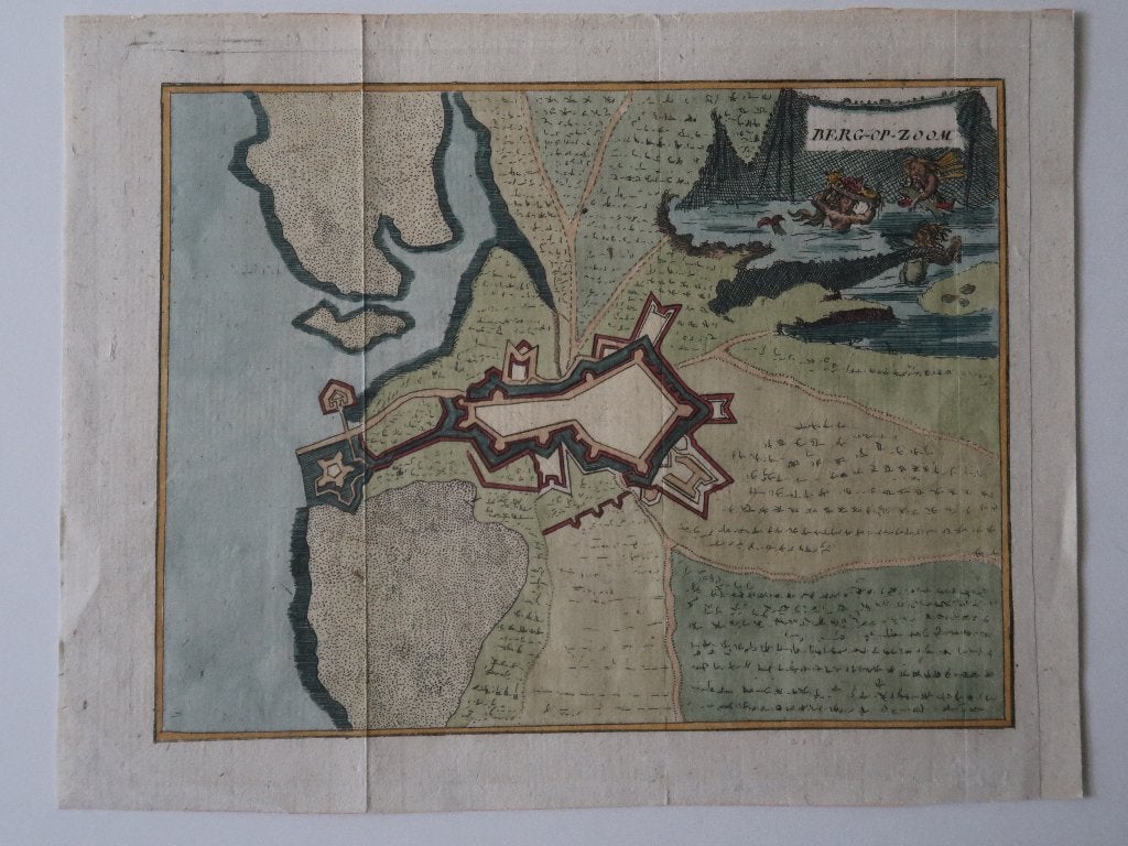 Antieke prent Bergen op Zoom Harrewijn 1720 handgekleurd, Antiek en Kunst, Ophalen of Verzenden, 1700 - 1799