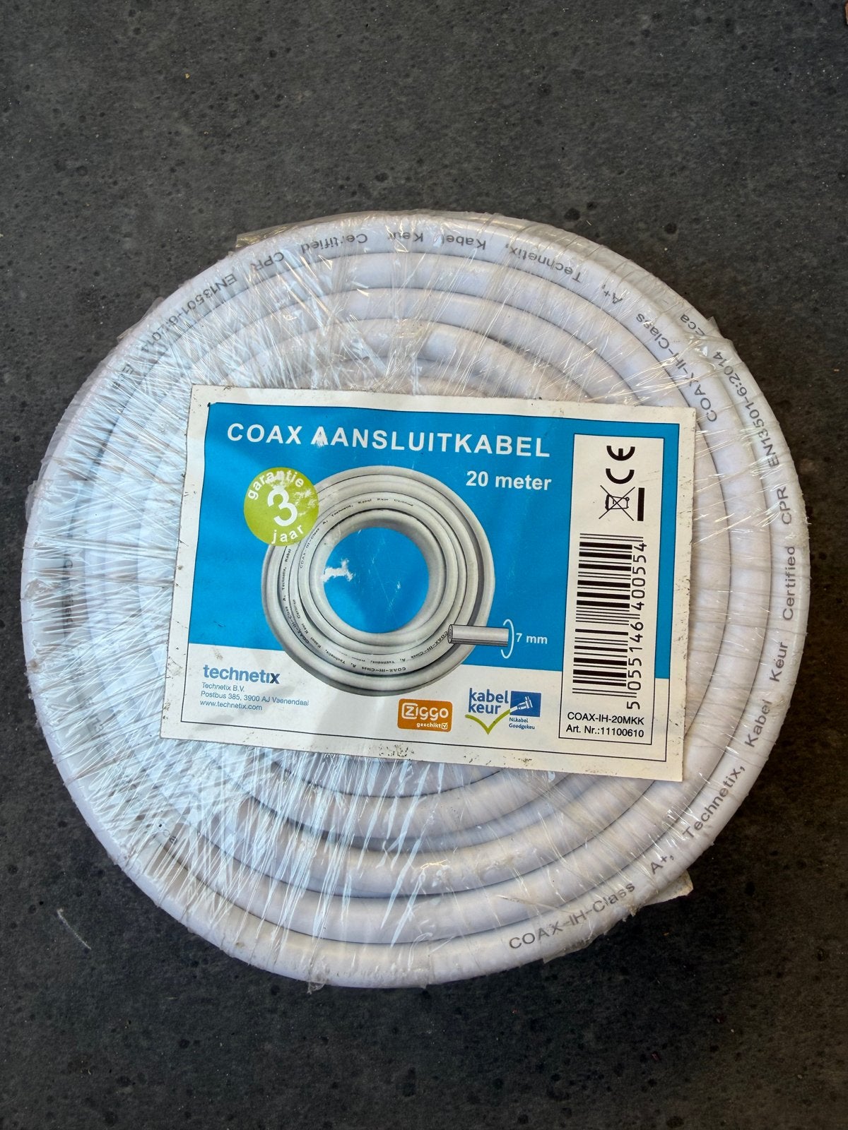 Nieuwe Technetix COAX Aansluitkabel 20 meter, Ziggo Geschikt, Ophalen of Verzenden, Nieuw, 10 meter of meer, Coaxiale kabel