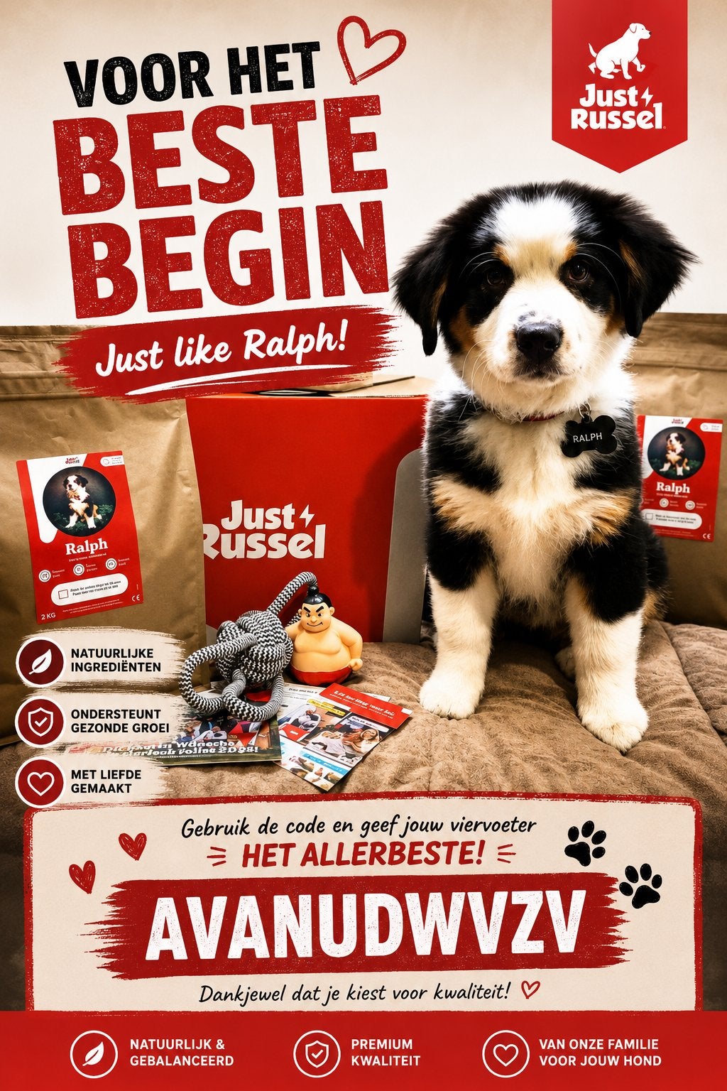 Gratis zak Just Russel hondenvoer of korting voor de kat, Eén persoon, Kortingskaart