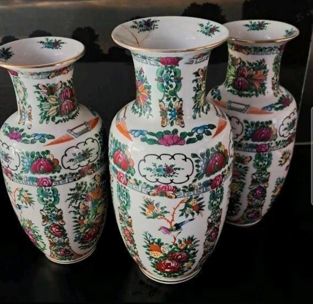 Set van 3 antieke Chinese vazen met bloemmotief, Ophalen