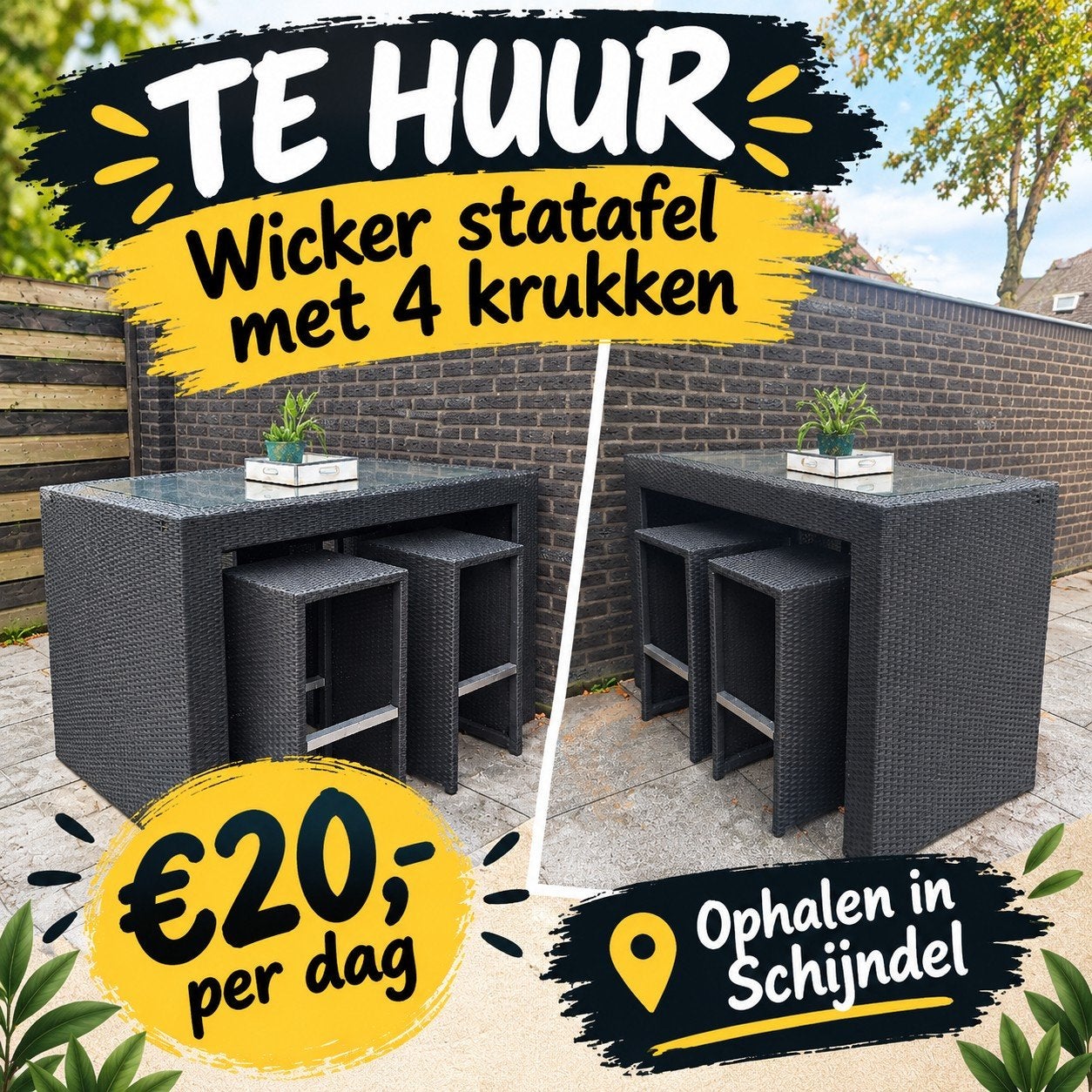**Te Huur** Wicker statafel met 4 krukken, Ophalen, Zo goed als nieuw, Rechthoekig, Wicker