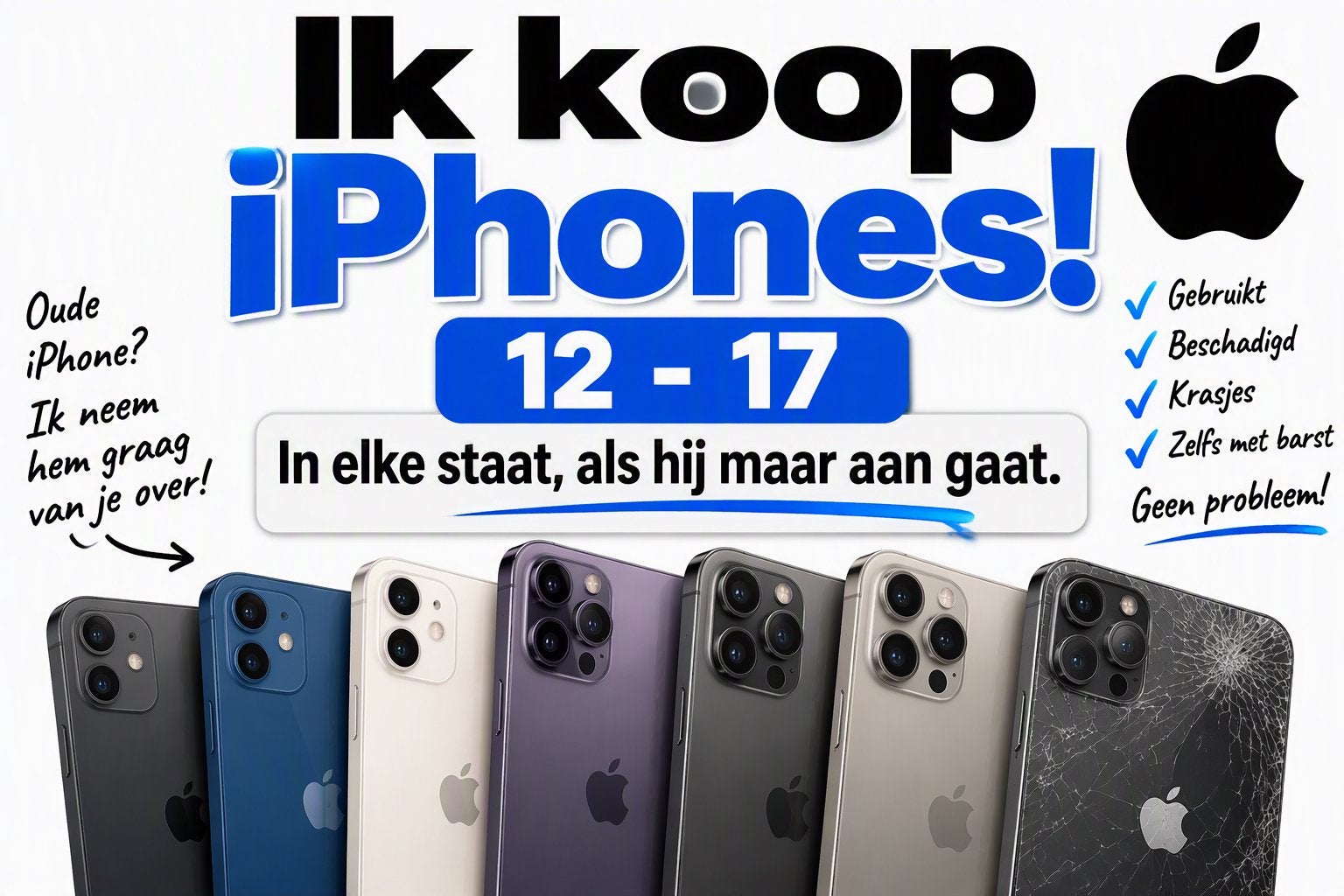 Ik koop iPhones! (modellen 12 t/m 17), Telecommunicatie, Ophalen of Verzenden, Gebruikt, IPhone 12