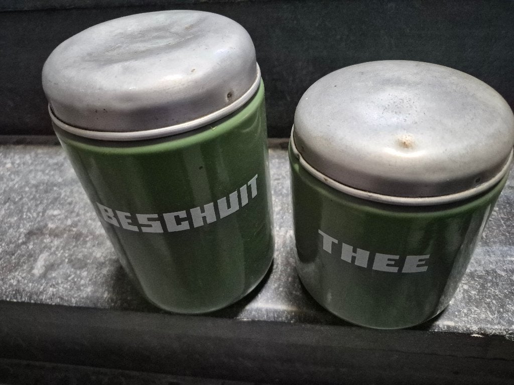 Mooie vintage Emaille Beschuitbus en theebus, perfecte staat, Ophalen, Gebruikt, Verpakking
