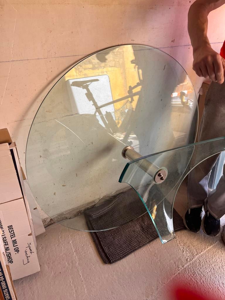 Design Ronde glazen salontafel, Gebruikt, 100 tot 150 cm, Rond, Ophalen of Verzenden