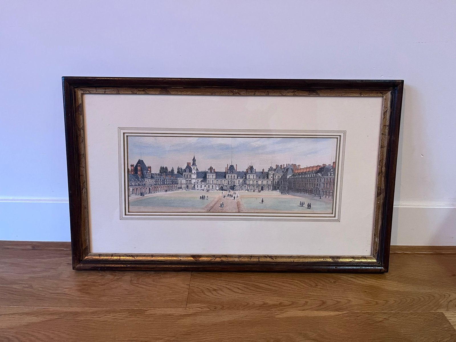 Antiek schilderij van kasteel Fontainebleau, Antiek en Kunst, Kunst | Etsen en Gravures, Ophalen, Handgekleurd, 1800 - 1899, 39 cm