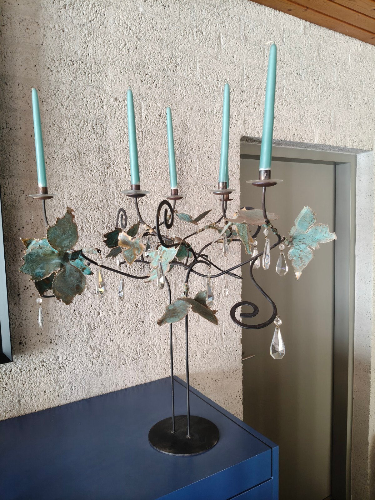 Kandelaar Chateau groen blad Maroeska Metz. Koper glas staal, Ophalen of Verzenden, Koper of Brons
