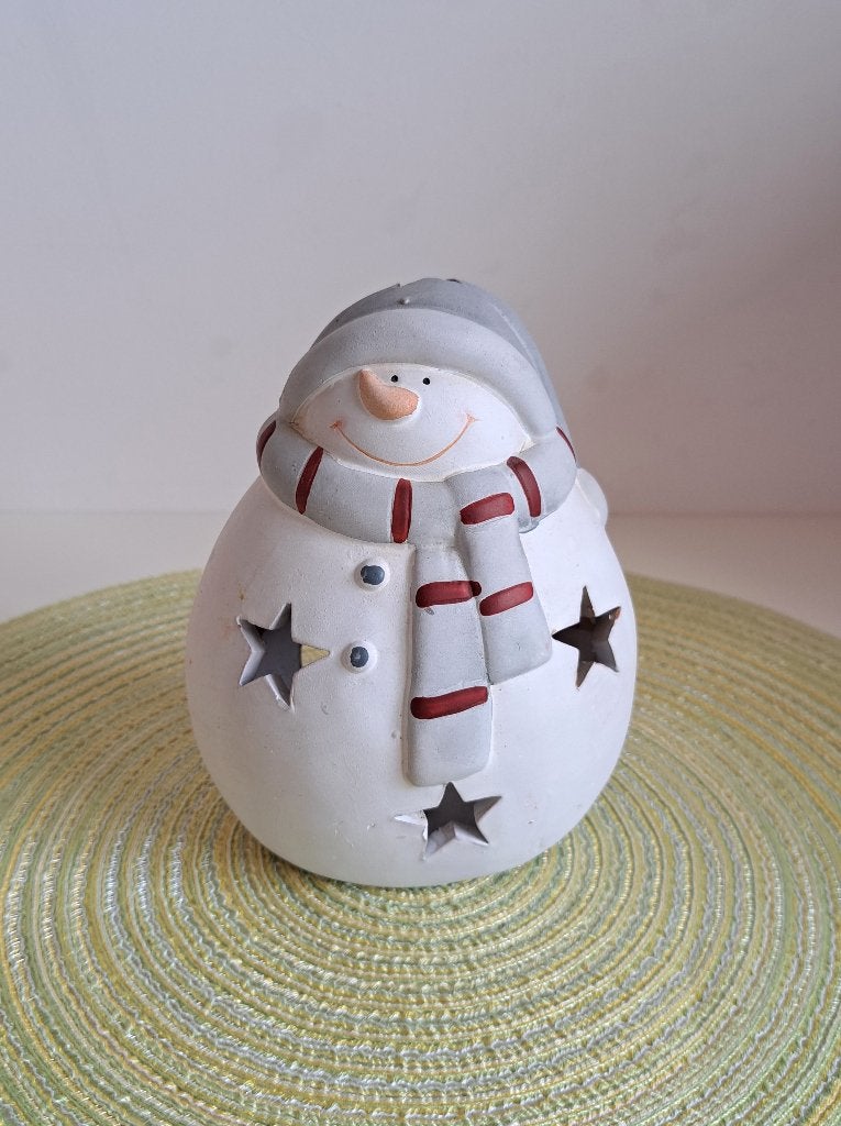 Kerstdecoratie - Keramieken theelichthouder sneeuwpop, Diversen, Ophalen of Verzenden, Gebruikt