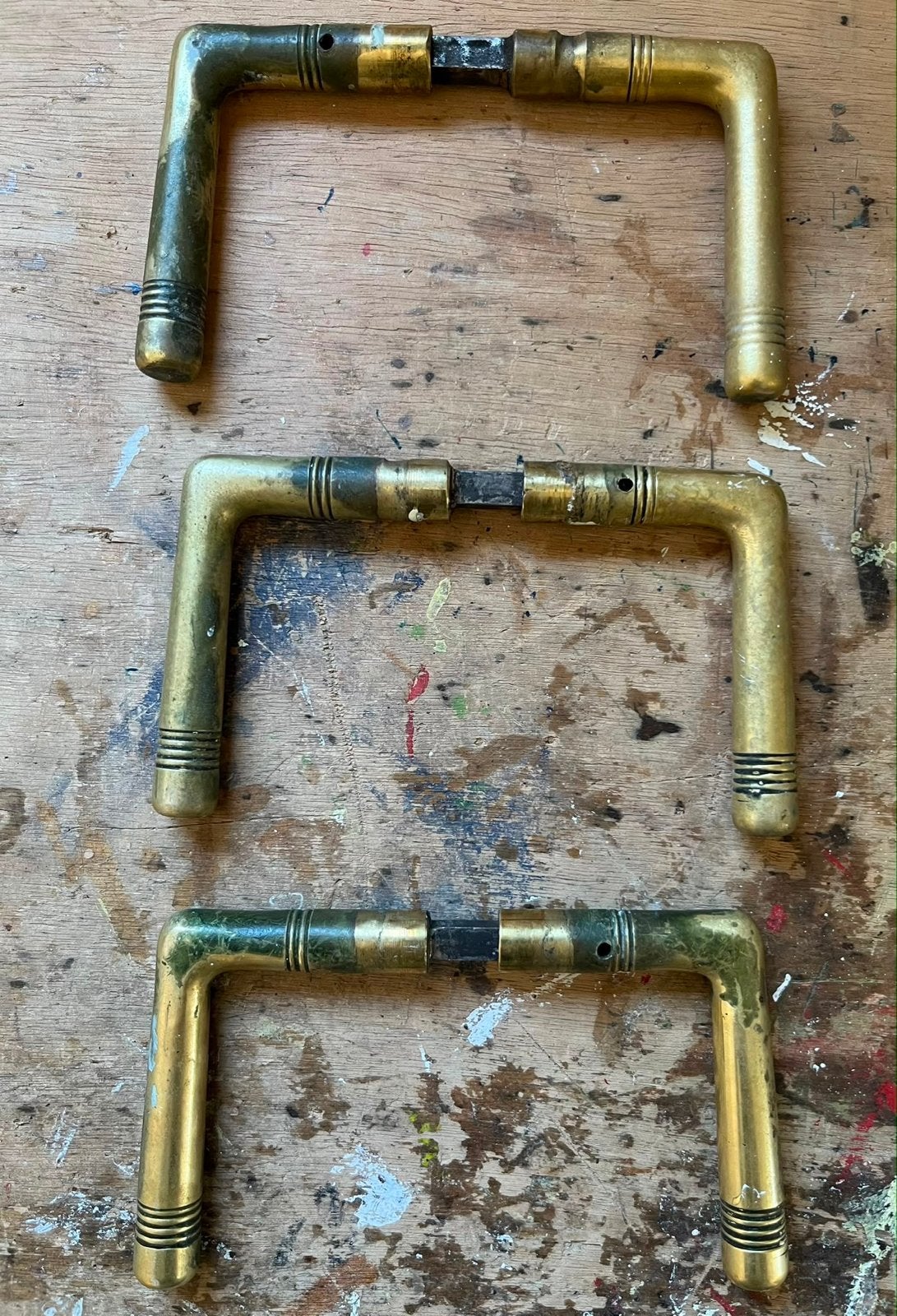 Set van 5 messing deurklinken met 10 rozetten, Verzenden, Gebruikt, Koper of Messing, Klink of Kruk