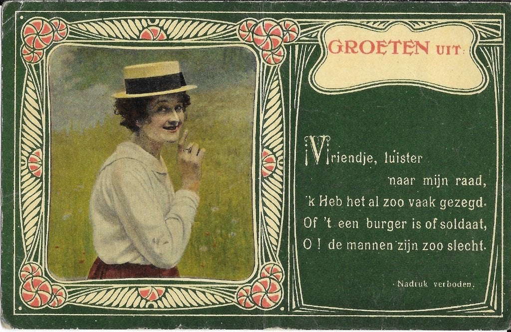 Vrouw, meisje, hoed, gedicht, soldaat, schilderij, Verzenden, 1920 tot 1940, Ongelopen, Gelderland