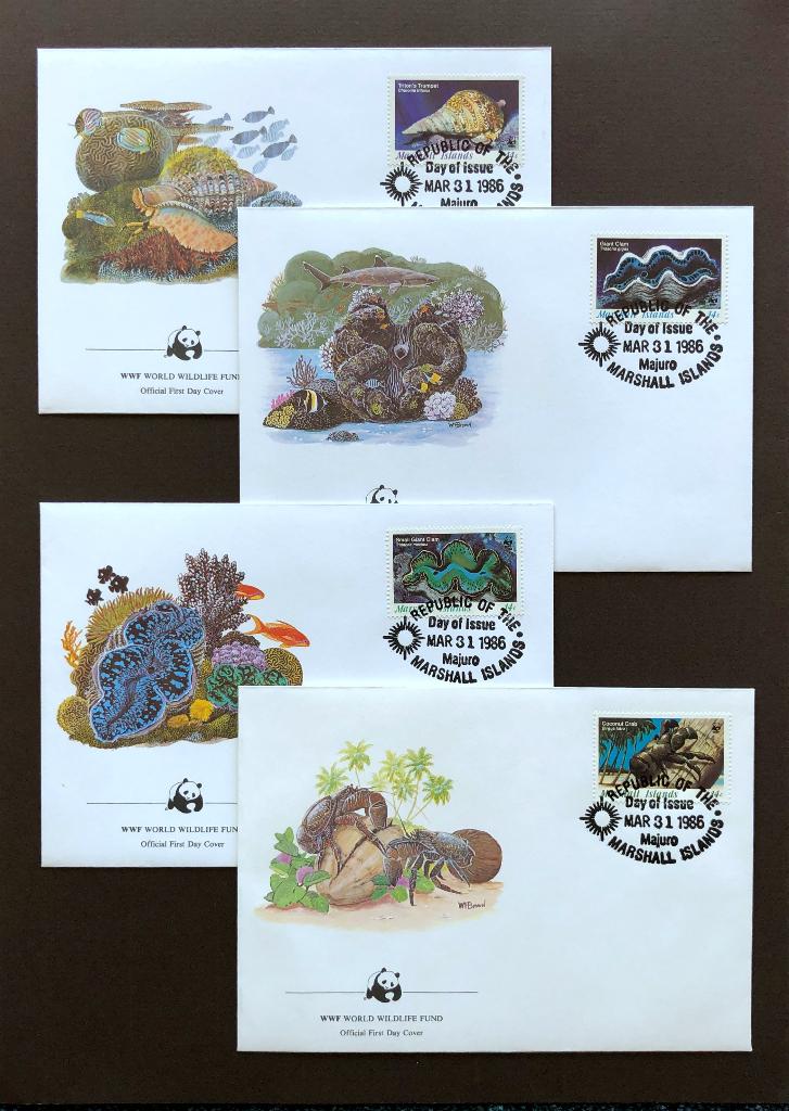 WWF WNF Marshalleilanden 1986 FDC Schelpen Krab, Postzegels en Munten, Postzegels | Eerstedagenveloppen, Ophalen of Verzenden