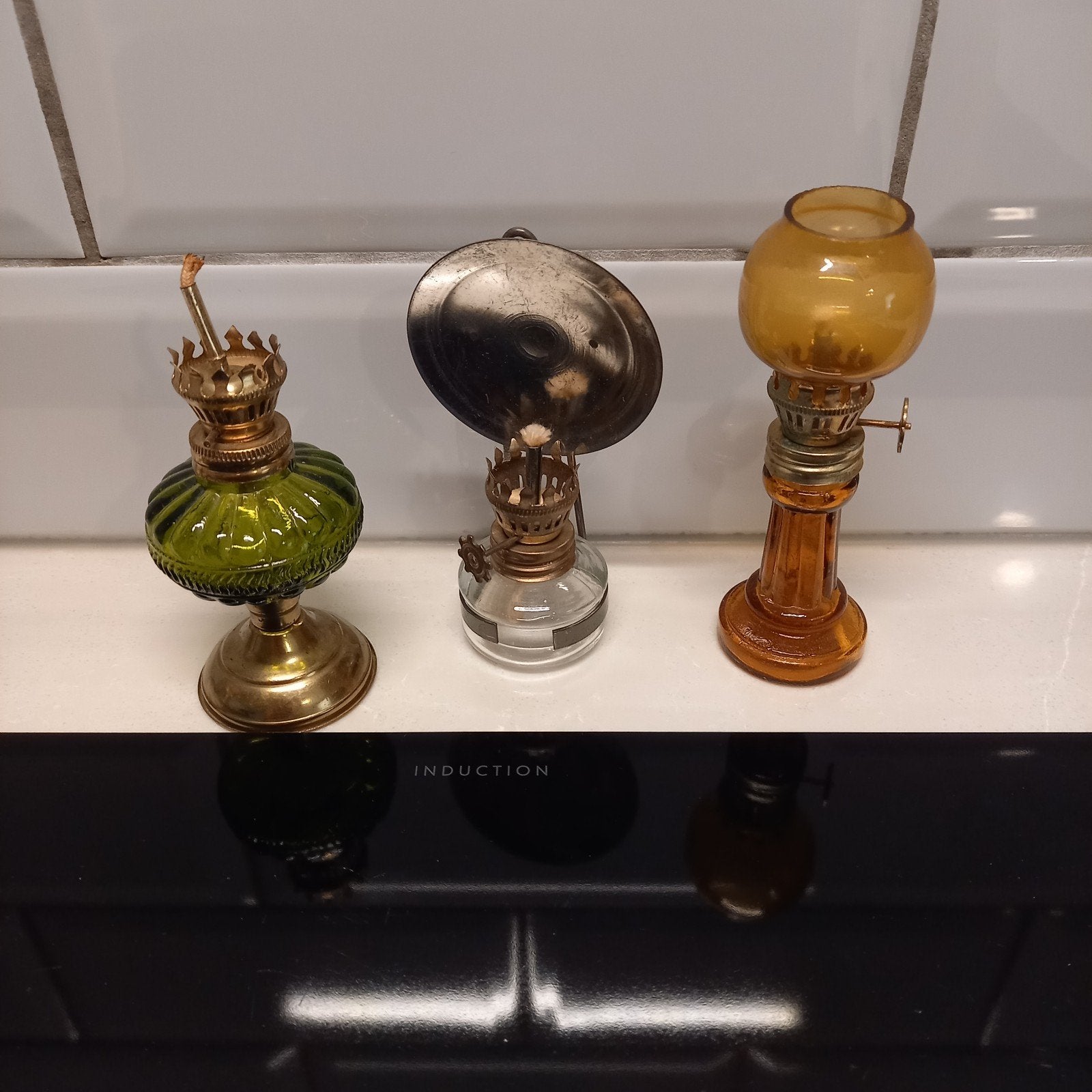 Set van 3 vintage / antieke miniatuur olielampen (petroleuml, Ophalen of Verzenden